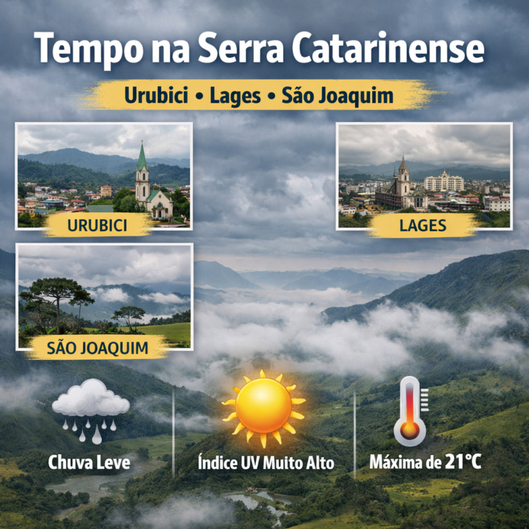 Serra de SC terá muitas nuvens, chuva leve e UV alto nesta segunda
